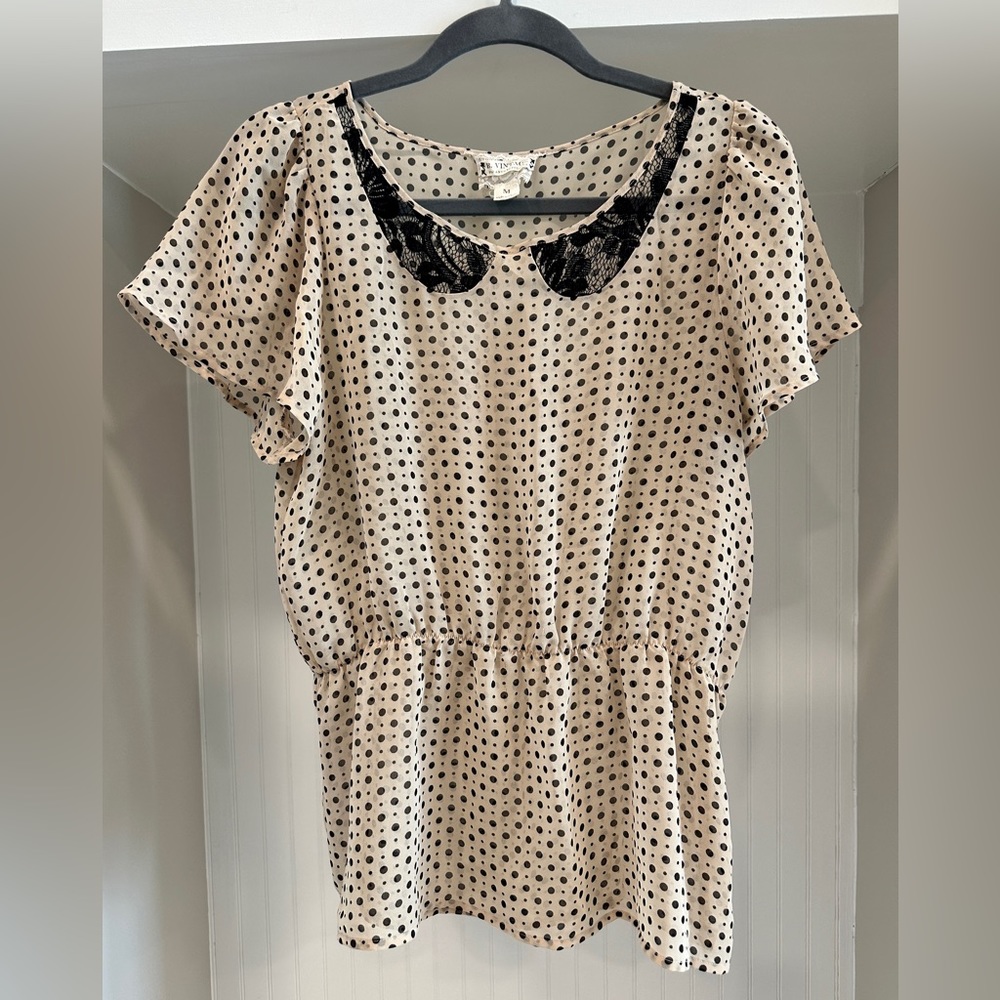 Anthropologie (B. Vintage) polka dot top with lace collar. Size Medium.